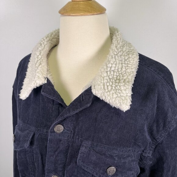 Sunrise Kingdom Navy Corduroy Sherpa Lined Trucker Jacket Men’s Medium Outdoor - Picture 4 of 9